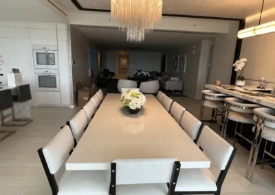 A 3d rendering of a dining room.